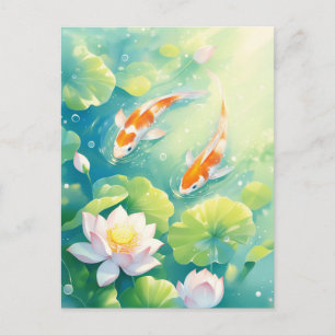 Koi Vissen Zwemmend in Roze Lotus Bloem Vijver Briefkaart