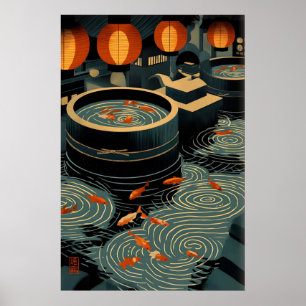 Koi-wandkunstdruk Cirkelvormige Vijvers en Lantaar Poster