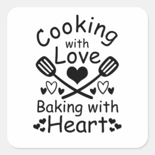 Koken met liefde bakken met hart vierkante sticker