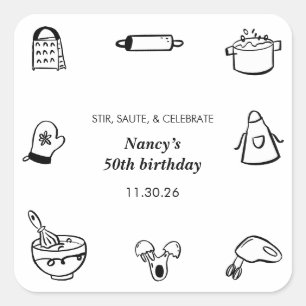 Koken Verjaardagsfeest Hand Getekende Chef Minimal Vierkante Sticker