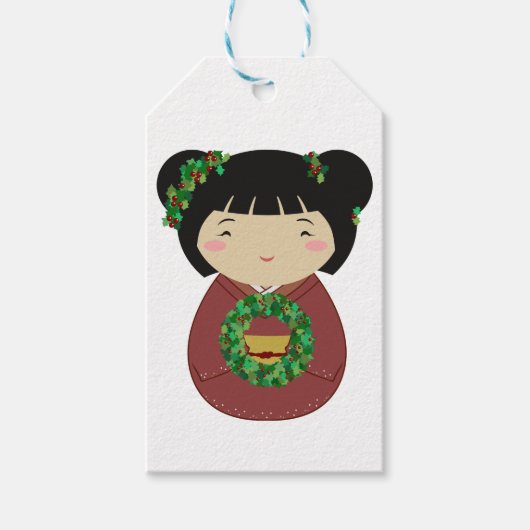 Kokeshi Christmas Wreath Cadeaulabel (Voorkant)