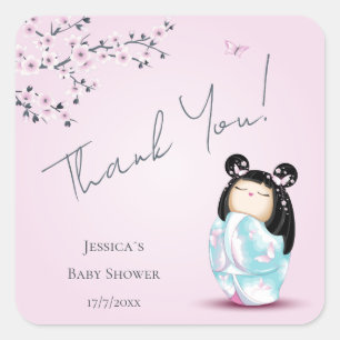 Kokeshi Doll Baby shower Dank u wel Vierkante Sticker