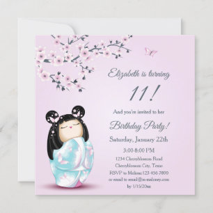 Kokeshi Doll Cherry Blossom Girl Birthday Kaart