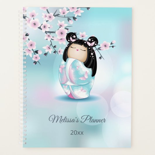 Kokeshi Doll Cherry Blossom Pink Turquoise Name Planner (Voorkant)