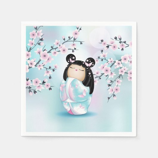 Kokeshi Doll Cherry Blossom Turquoise Pink Servet (Voorkant)