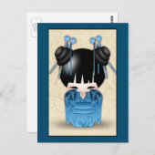 Kokeshi Doll Dressed In Blue Briefkaart (Voorkant / Achterkant)