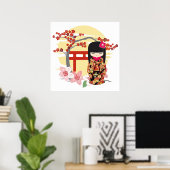 Kokeshi Doll Floral Kimono Poster (Thuiskantoor)