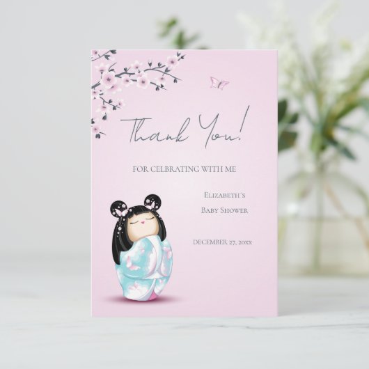 Kokeshi Doll Pink Girl Baby shower Bedankkaart (Staand voorkant)
