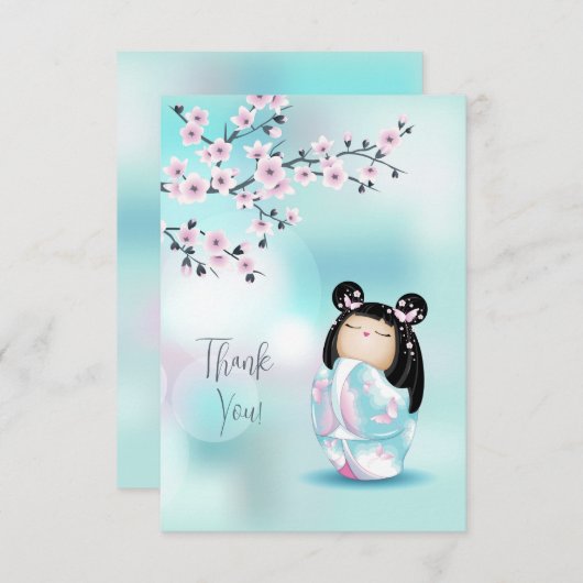 Kokeshi Doll Pink Turquoise Hartelijk dank Bedankkaart (Voorkant / Achterkant)