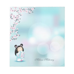 Kokeshi Doll Pink Turquoise Monogram Notitieblok