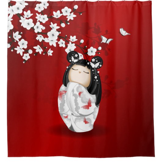 Kokeshi Doll Red Black Cherry Blossom Douchegordijn (Voorkant)
