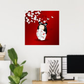Kokeshi Doll Red Black Cherry Blossom Poster (Thuiskantoor)
