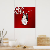 Kokeshi Doll Red Black Cherry Blossom Poster (Keuken)