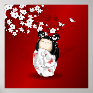 Kokeshi Doll Red Black Cherry Blossom Poster