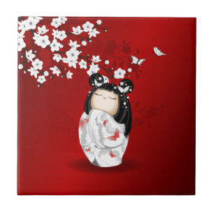 Kokeshi Doll Red Black Cherry Blossom Tegeltje