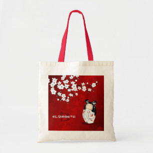 Kokeshi Doll Red Black en White Cherry Blossom T Tote Bag