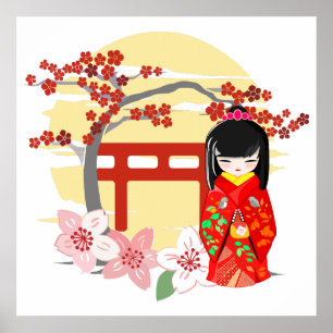 Kokeshi Doll Red Kimono Poster