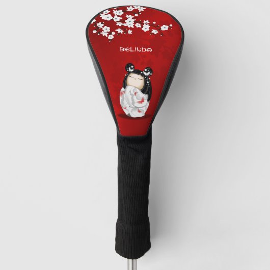 Kokeshi Doll Red White Cherry Blossom Golfheadcover (Voorkant)