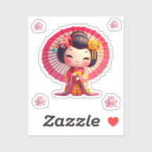 Kokeshi Doll rood en geel kimono met paraplu