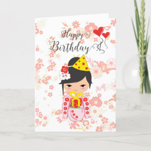 Kokeshi Doll Roze Happy Birthday Kaart
