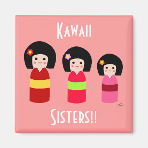 Kokeshi Doll Sisters Cartoon Magneet