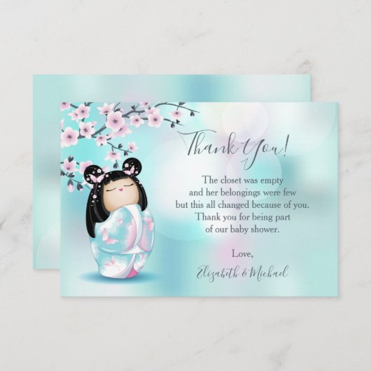 Kokeshi Doll Turquoise Girl Baby shower Bedankkaart (Voorkant / Achterkant)