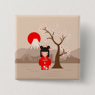 Kokeshi - Japanse dollar Vierkante Button 5,1 Cm