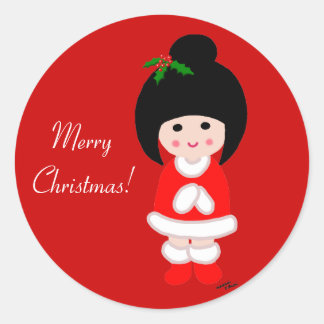 Kokeshi Meisje Kerstmis in Rood Ronde Sticker