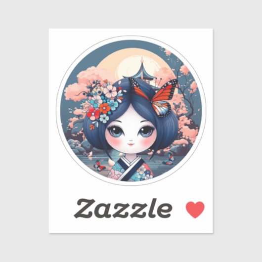 Kokeshi met blauw landschap, Kokeshi sticker (Vel)