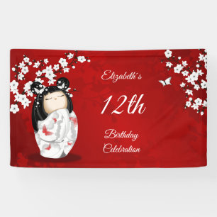 Kokeshi-pop Cherry Blossom Rood Meisjesverjaarda Spandoek