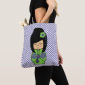 Kokeshi-pop Green Paarse All-Over-Print Schouderta Tote Bag (Dichtbij)