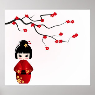 Kokeshi-pop onder het poster van de sakura-tak