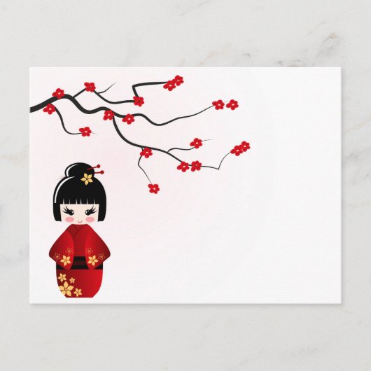 Kokeshi-pop onder sakura-tak briefkaart (Voorkant)