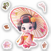 kokeshi pop stickers, Geisha met paraplu Sticker (Voorkant)