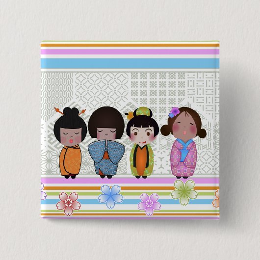 kokeshi poppen vierkante button 5,1 cm (Voorkant)