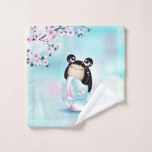 Kokeshi Poupée Cerisier Fleur Turquoise Filles Mai (Gant de toilette)