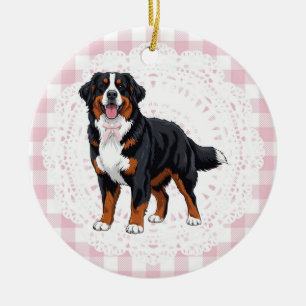 Kokette Berner Sennenhond Roze Gingham Strikjes Keramisch Ornament