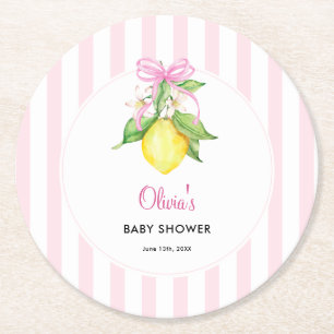 Kokette citroensroze babyshower ronde kartonnen onderzetter