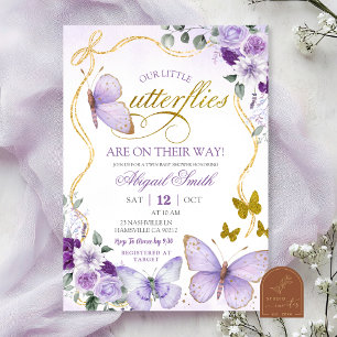Kokette Paarse Vlinder Tweeling Baby Shower Kaart
