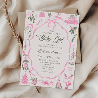 Kokette Roze Kerst Babyshower Uitnodiging
