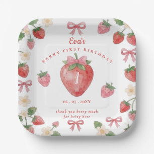 Kokette Roze Strik Aardbei Eerste Verjaardag Papieren Bordje