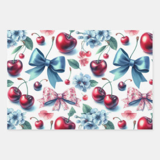 Kokette strikken,kersen, bloemen, rood, roze, blau inpakpapier vel