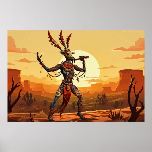 Kokopelli dansen fluit spelen op woestijnplateau poster (Voorkant)