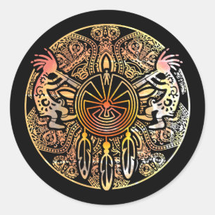 Kokopelli Duo - Man in het doolhof - Dreamcatcher Ronde Sticker