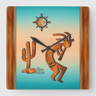 Kokopelli en cactus vierkante klok