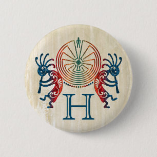 KOKOPELLI / MAN IN DE MAZE + uw monogram Ronde Button 5,7 Cm