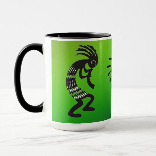 Kokopelli met het inheemse Amerikaanse zonnesymboo Mok (Links)
