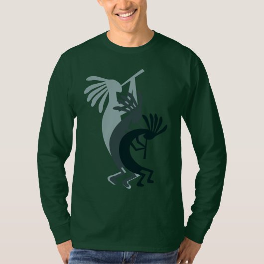 Kokopelli Obtient Musique Mens Green LS Tshirt (Devant)
