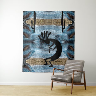 Kokopelli Southwest Desert Mosaic Blue 68 x 80 Wandkleed