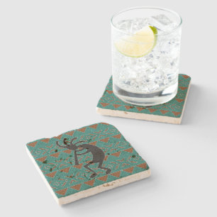 Kokopelli Southwest Turquoise Rustic Travertine Stenen Onderzetter
